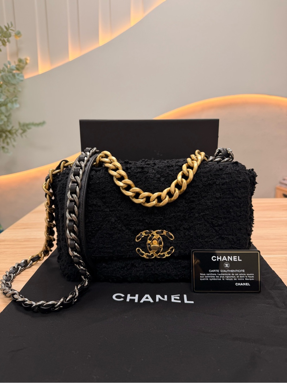 CHANEL 19 Black Tweed crossbody Bag with Two-Tone Chain